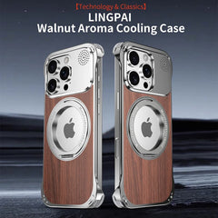 Walnut Wood Aluminum Alloy Frameless Shell  Magnetic Aromatherapy(Fragrance Release) Stand Case for iPhone 15 Series