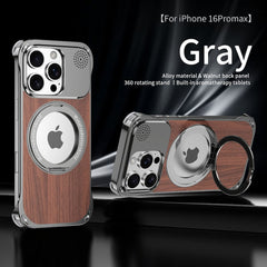 Walnut Wood Aluminum Alloy Frameless Shell  Magnetic Aromatherapy(Fragrance Release) Stand Case for iPhone 15 Series