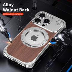 Walnut Wood Aluminum Alloy Frameless Shell  Magnetic Aromatherapy(Fragrance Release) Stand Case for iPhone 15 Series